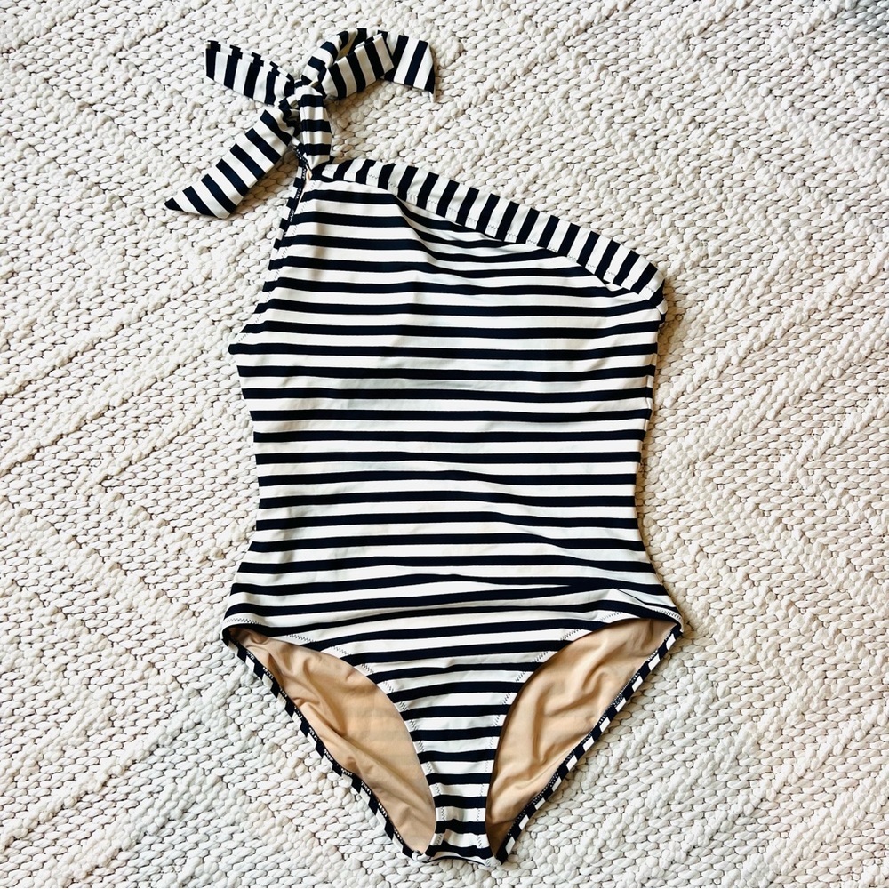 J CREW Classic 1 Tie Strap Navy Striped One Piece Swimsuit Womens 10 Like New - Picture 2 of 10